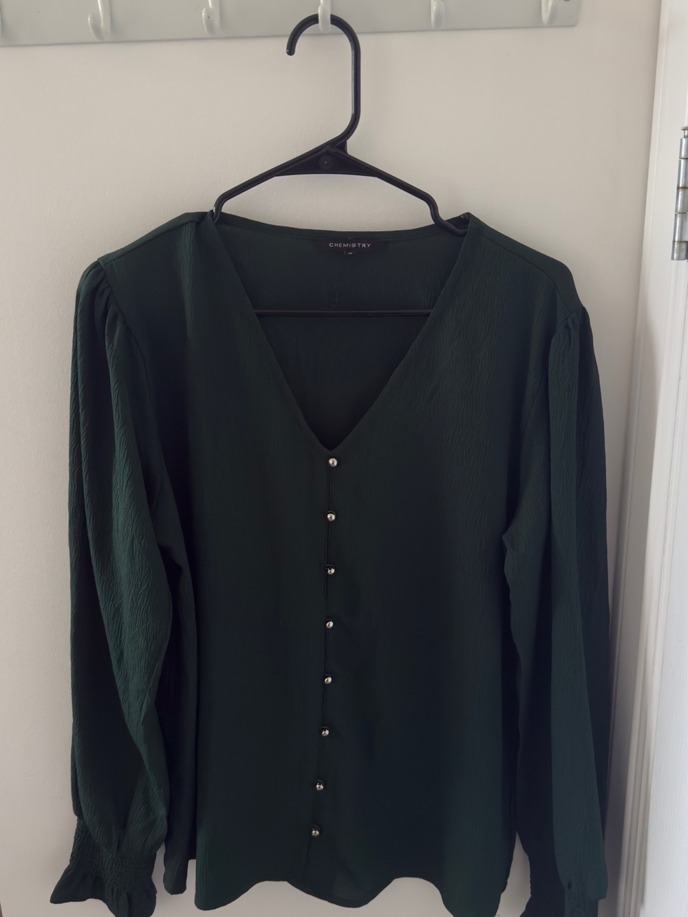 Chemistry Forest Green V-Neck Button-Front Blouse
